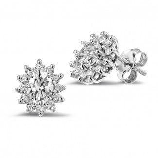 Stud earrings - 2.00 carat entourage earrings in white gold with oval and round diamonds 