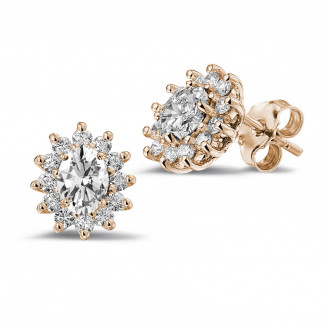 Earrings - 1.75 carat entourage earrings in red gold with oval and round diamonds