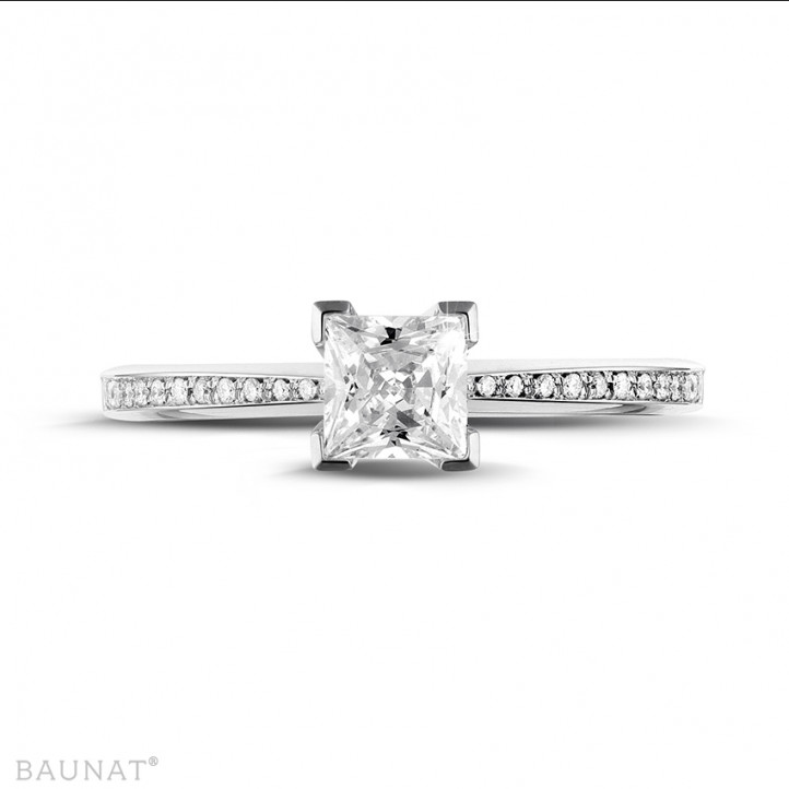 0.75 carat solitaire ring in white gold with princess diamond and side diamonds