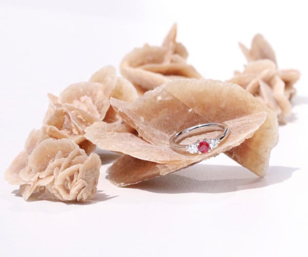 Ruby diamond ring on top of desert rose selenite crystals