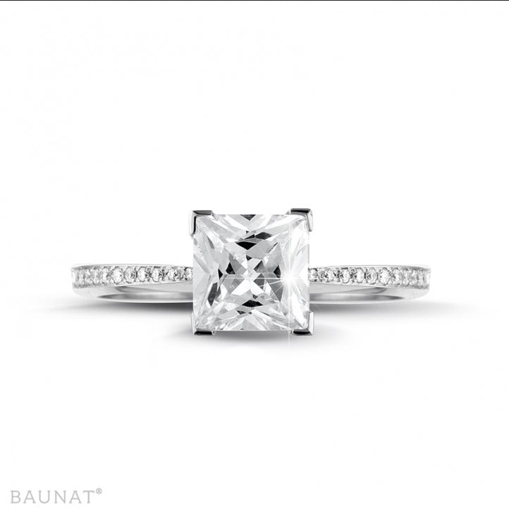 2.00 carat solitaire ring in white gold with princess diamond and side diamonds