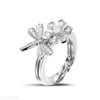 Rings - Exclusive BAUNAT stock sale (no 30 day return) - 0.55 carat diamond flower & dragonfly design ring in white gold (Available in size 48,49,50,52,54,55,56)