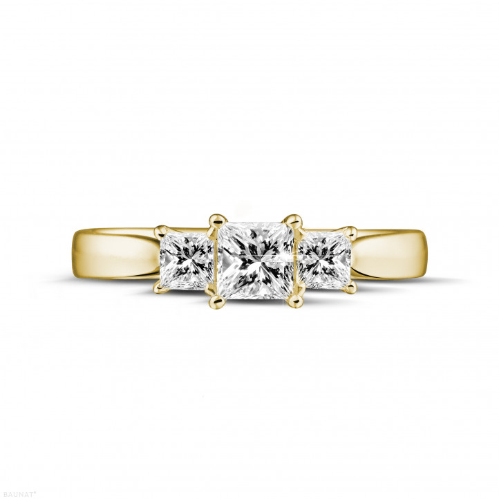 0.70 carat trilogy ring in yellow gold with princess diamonds