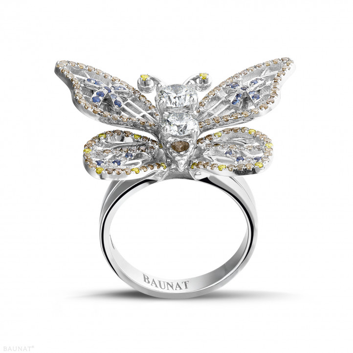 Exclusive BAUNAT stock sale (no 30 day return) - 1.75 carat diamond butterfly design ring in white gold with sapphire