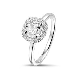 鑽石求婚戒指 - 1.00克拉Halo光環枕形切工圍鑲單鑽白金戒指