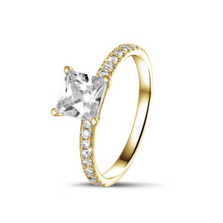 鑽石戒指 - 1.00克拉公主方切工黃金單鑽戒指 - 戒托群鑲小鑽