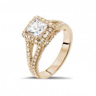 鑽石求婚戒指 - 1.00克拉玫瑰金公主方鑽戒指 - 戒托群鑲小鑽