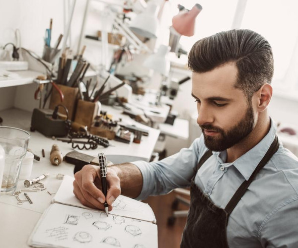 Man designing a tailor-made engagement ring at a desk full of jewellery making items