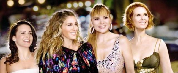 Charlotte, Carrie Bradshaw, Samantha and Miranda Hobbes from the Sex and the City wearing dresses and famous engagement rings
