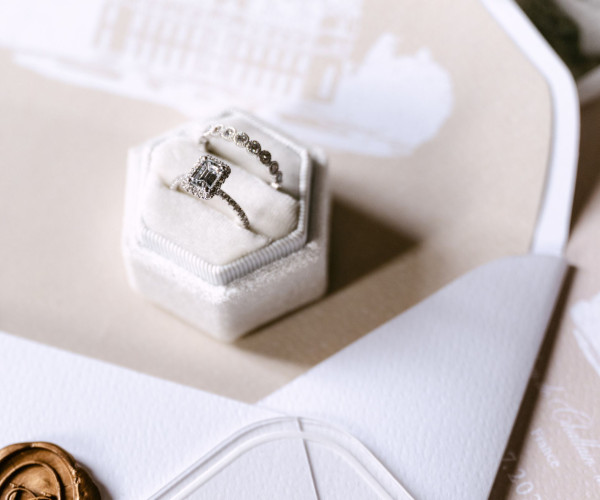 Wedding ring and engagement ring in a box