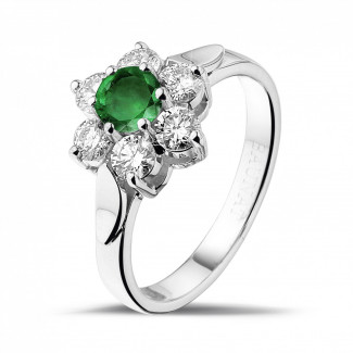鑽石求婚戒指 - 花之戀圓形祖母綠寶石白金鑽石戒指