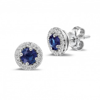 鑽石耳環 - Halo 光環 1.00 克拉白金鑽石藍寶石耳釘