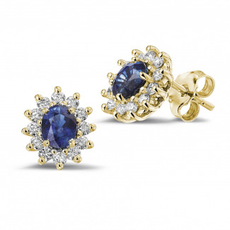 鑽石耳環 - 黃金橢圓形藍寶石耳釘