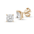 Orecchini con diamante solitario taglio princess da 2,00 carati in oro rosso