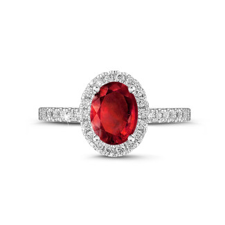 Fidanzamento - Anello solitario Halo in oro bianco con rubino ovale e piccoli diamanti