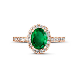 Anelli - Anello solitario Halo in oro rosso con smeraldo ovale e piccoli diamanti