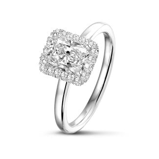 Anelli - Anello solitario halo da 1,00 carati con diamante taglio radiant in oro bianco con diamanti rotondi