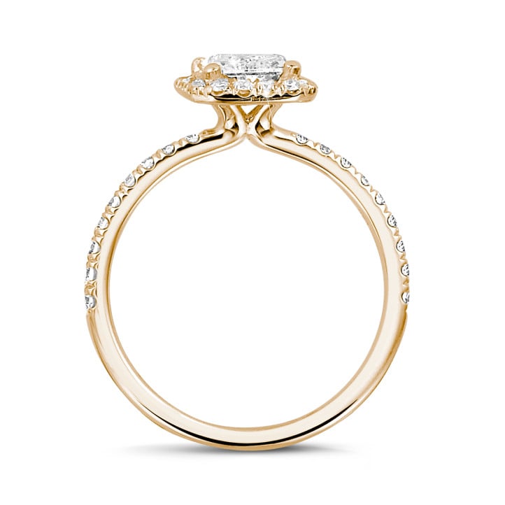 Anello solitario halo da 1,20 carati con diamante taglio radiant in oro rosso con diamanti rotondi