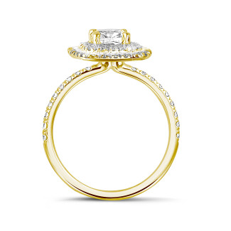 Anelli - Anello solitario con doppio halo da 1,50 carati con diamante cushion in oro giallo