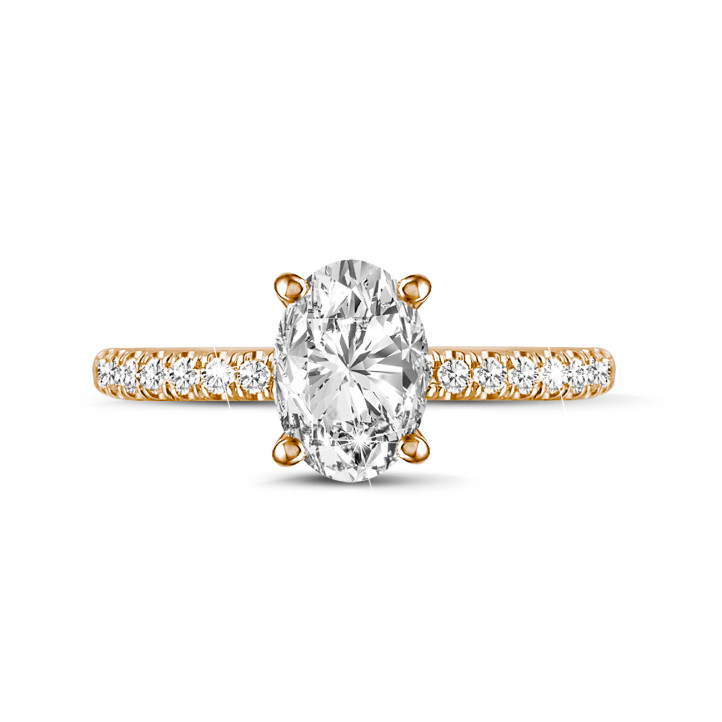 Anello solitario da 1,50 ct in oro rosso con diamante ovale e alone nascosto