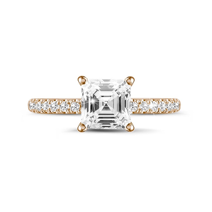 Anello solitario da 0,70 carati con diamante taglio Asscher e alone nascosto in oro rosso. 