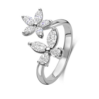 Anello combinato con fiori e farfalle con diamanti in oro bianco