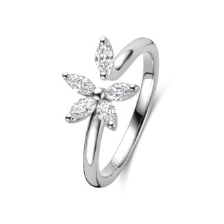 Anello Toi &amp; Moi Flower con petali di diamanti taglio marquise in oro bianco