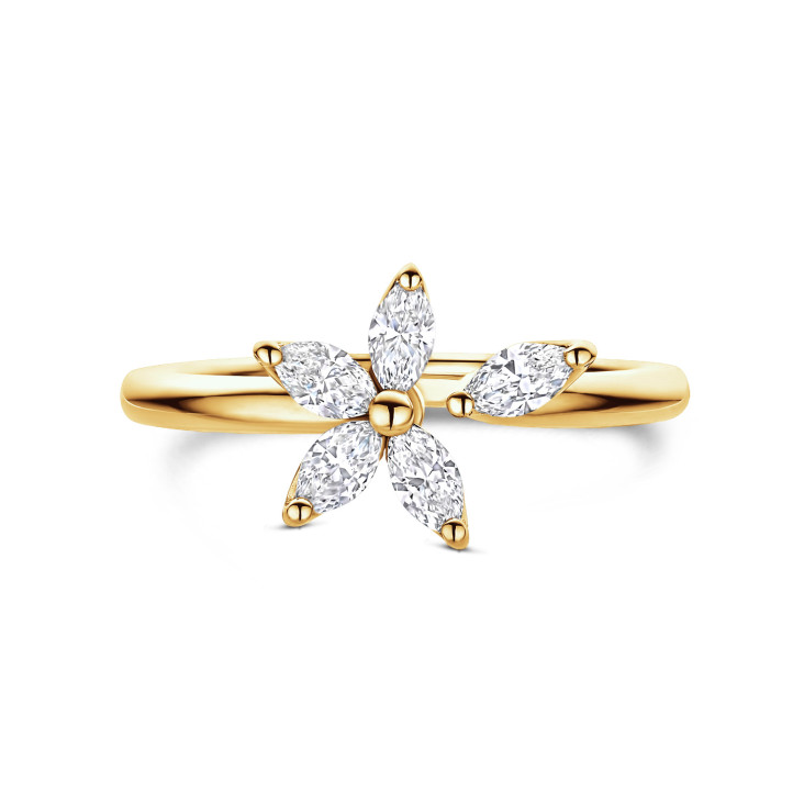 Anello Toi & Moi Flower con petali di diamanti taglio marquise in oro giallo