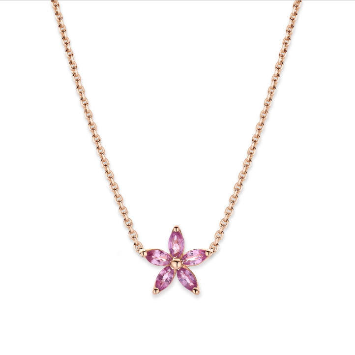 Pendente Flower con petali di zaffiro rosa taglio marquise in oro rosso