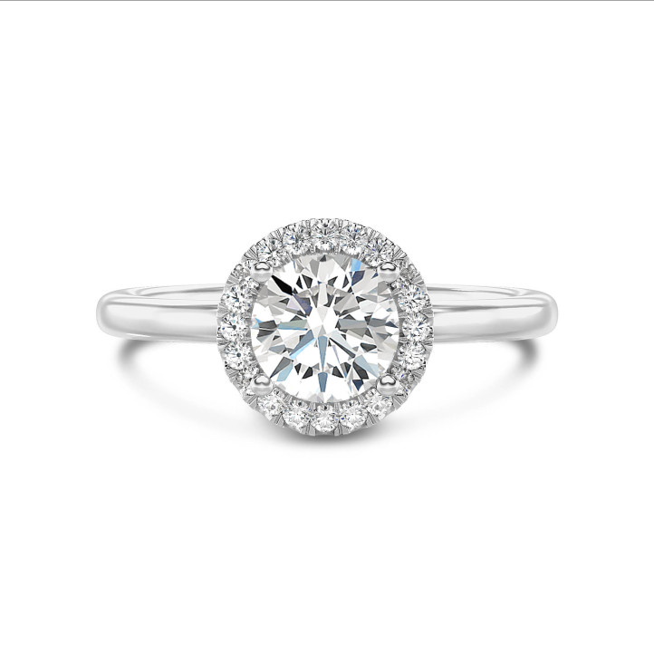 Anello solitario halo da 1,00 carati in oro bianco con diamanti tondi