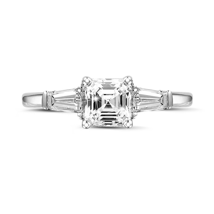 Anello trilogy da 1,00 carati in oro bianco con diamante taglio Asscher e baguette affusolate
