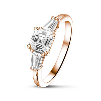 Anello trilogy da 1,00 carati in oro rosso con diamante taglio Asscher e baguette affusolate