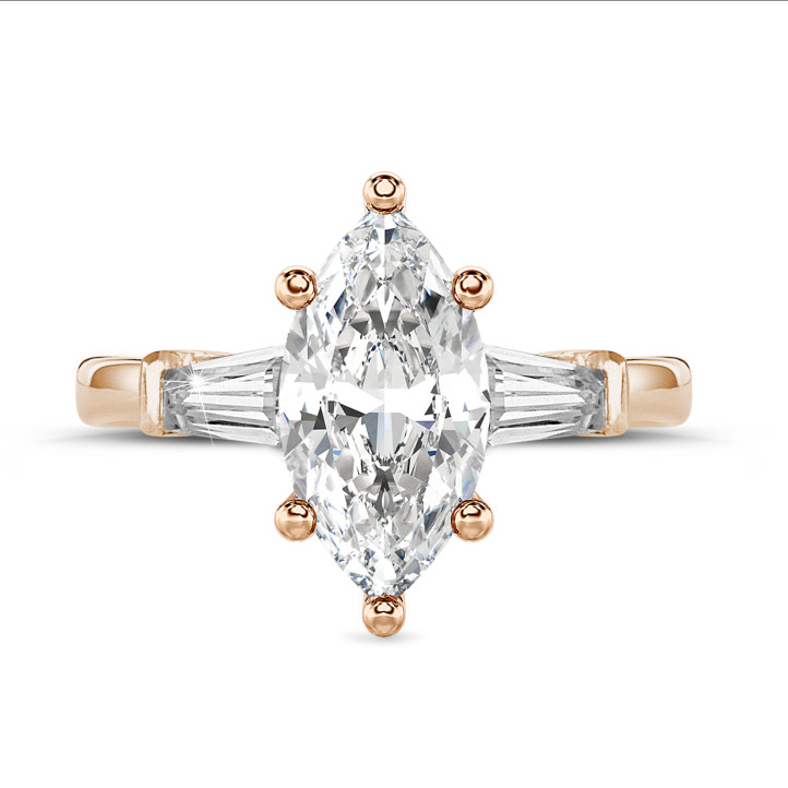 Anello trilogy da 1,00 carati in oro rosso con diamante a marquise e baguette affusolate