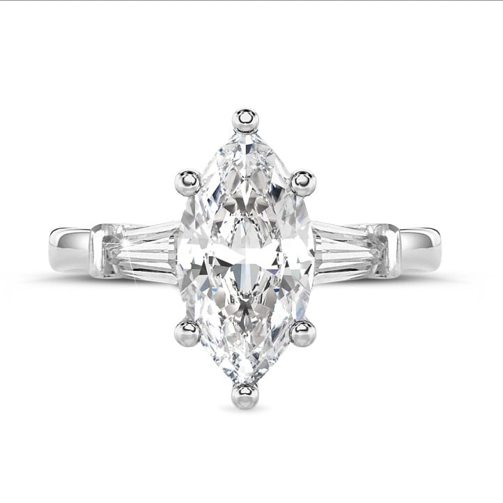 Anello trilogy da 1,00 carati in oro bianco con diamante a marquise e baguette affusolate