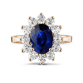 Anelli - Anello Entourage in oro rosso con zaffiro ovale e diamanti rotondi
