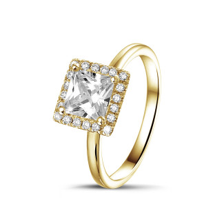 1.20캐럿 솔리테어 헤일로 링, 라운드 다이아몬드 세팅 옐로우 골드, 프린세스 다이아몬드
