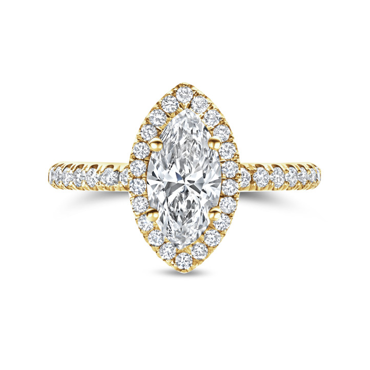 1.50캐럿 페어 다이아몬드 옐로우 골드 헤일로 링