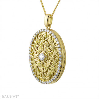 목걸이 - 바우나트 독점 재고 판매(30일 반품 불가) - 1.70캐럿 디자인 메달, 옐로우 골드에 작은 라운드 다이아몬드가 세팅된 메달리온