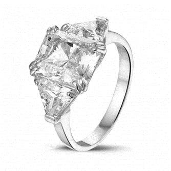high carat white diamond engagement ring in white gold with radiant cut diamond and triangle diamonds