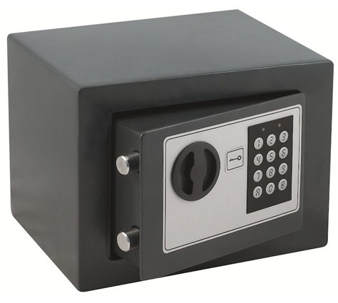 A small black digital safe with a keypad and a key lock, perfect for keeping jewellery safe at home
