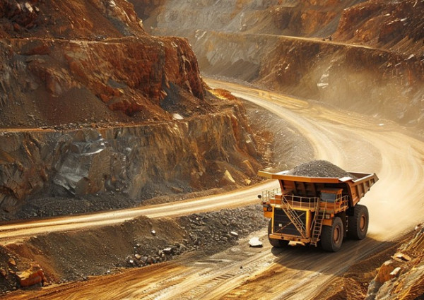 A dump truck navigates a dusty road, transporting materials for gold mining operations.