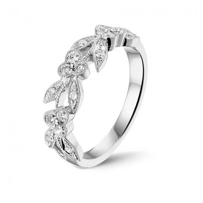 Elegant white gold wedding band with intricate detailing, adorned with sparkling diamonds, showcasing exquisite craftsmanship from China
