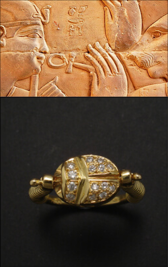 an elegant Egyptian ring displayed alongside a detailed stone carving, showcasing ancient Egypt its artistry and craftsmanship