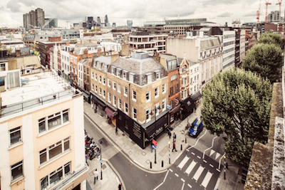 stunning view of London from a tall building, showcasing the skyline and Hatton Garden's jewellery shops below