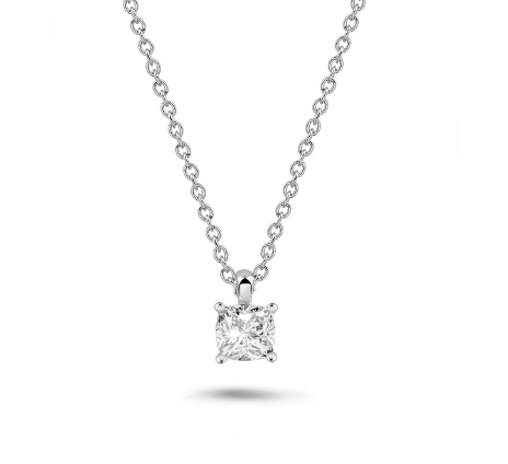 een prachtige 1,00 karaat kussengeslepen diamanten hanger in witgoud, elegant hangend aan een delicate ketting.
