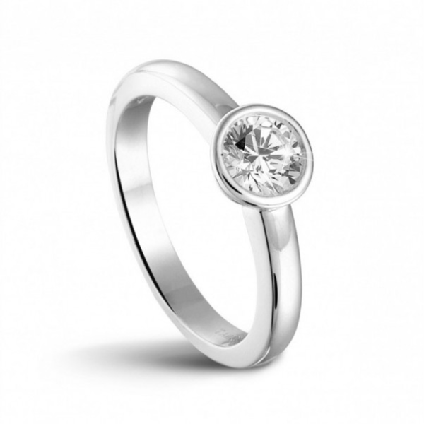 A stunning engagement ring with a round brilliant cut diamond, elegantly secured in a modern bezel setting for a refined look