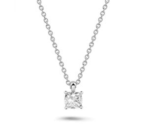 Uno splendido pendente con diamante taglio cuscino da 1,00 carati in oro bianco, elegantemente appeso a una delicata catena.