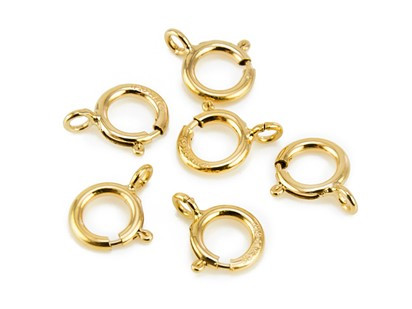 Gold plated spring ring clasp, showcasing a sleek design ideal for securing jewelry pieces with elegance.