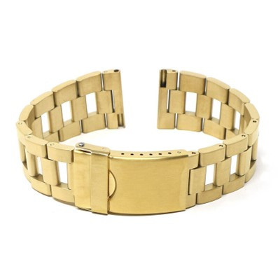 A gold watch bracelet featuring a square buckle and a ladder clasp design, showcasing elegance and sophistication