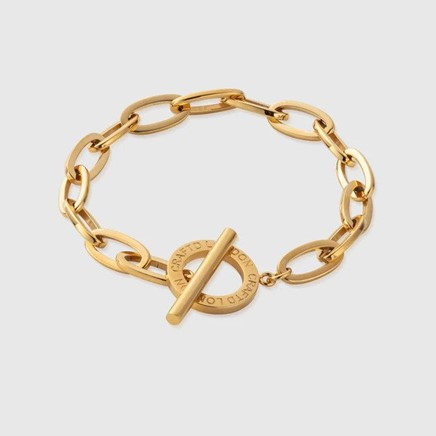 A gold chain bracelet featuring a link design and a toggle clasp for secure fastening